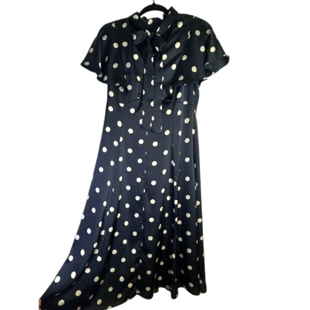DKNY Navy Polka Dot Scarf Tie Neck Satin Fit & Flare Flowy Dress 6 Lined Zip